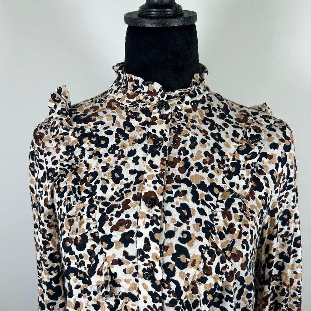 Anthropologie Maeve Katia Ruffled Collar Button Down Shirt Black Brown Sz 0